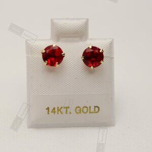 14K Solid Gold 6mm Ruby-Tone CZ Stud Earrings • Fine July Birthstone Jewelry.